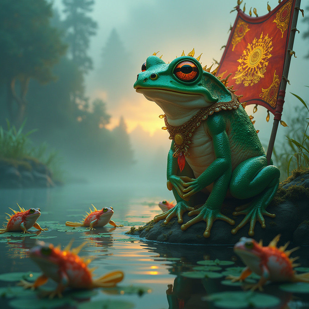 Frog Leader Surveys Pond with Tadpole Army