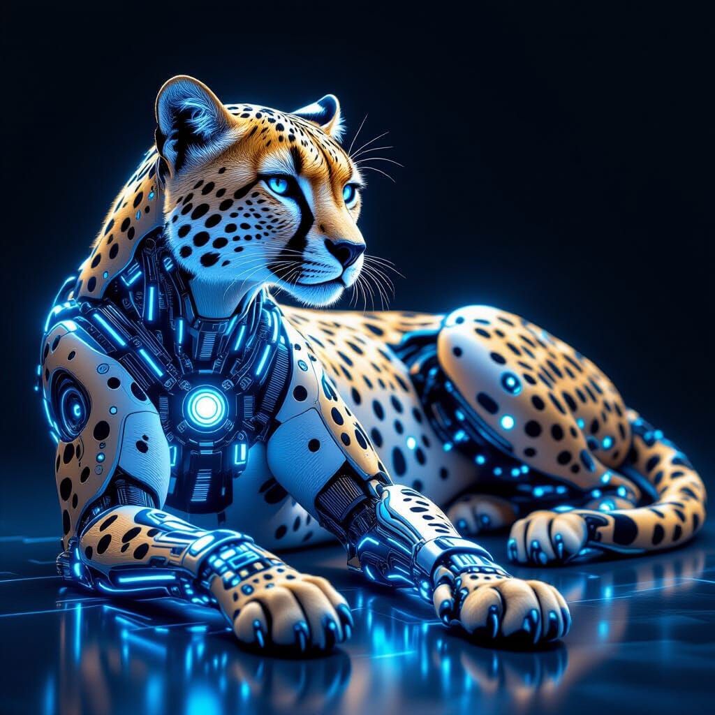 Bioluminescent Biomechanical Cheetah in Futuristic Style