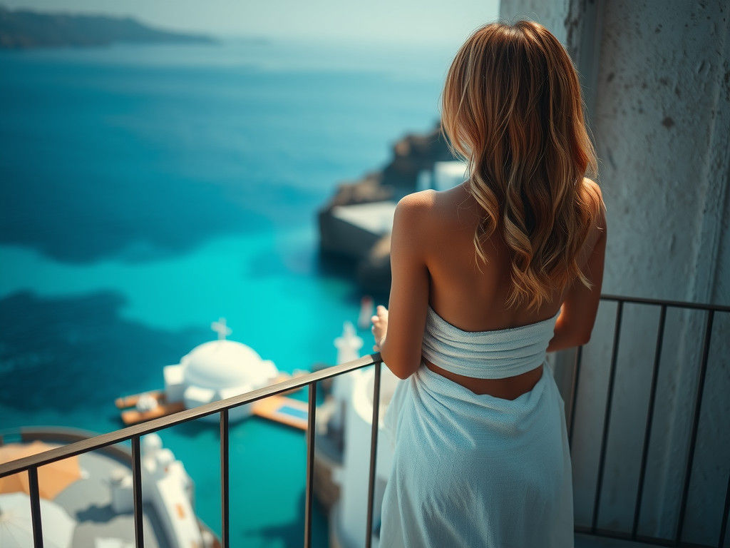 Golden Woman on Greek Balcony in Cinematic Style