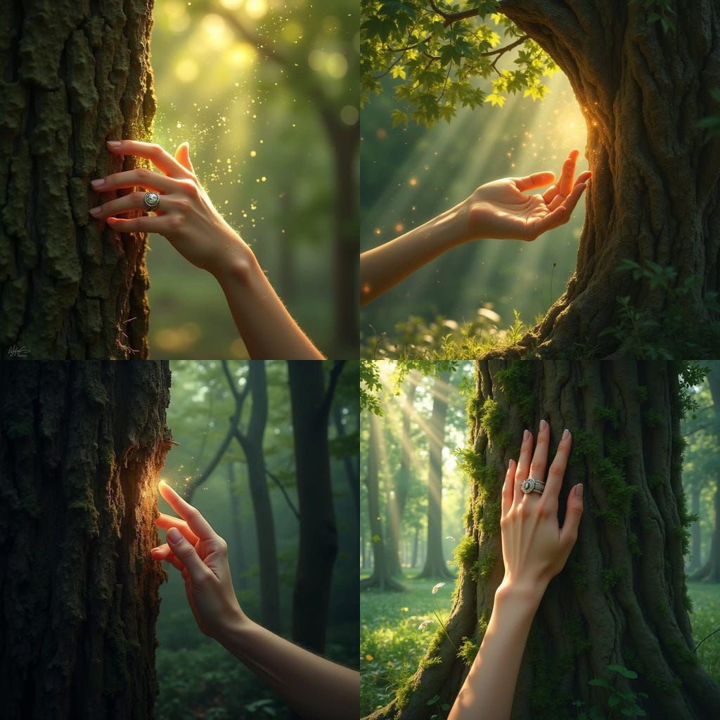 Female Hand Connects With Forest Energy