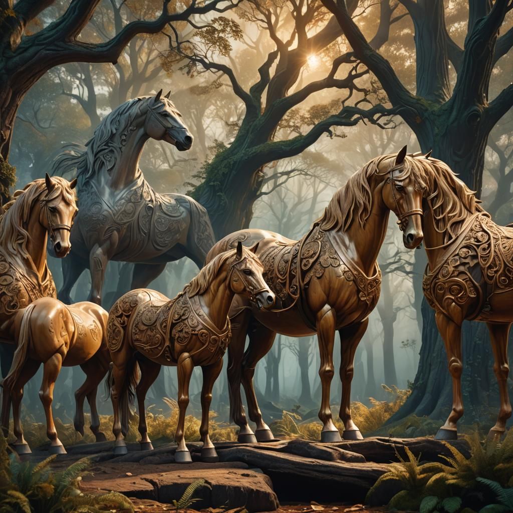 Mystical Forest: Detailed Wood Carving of Horses