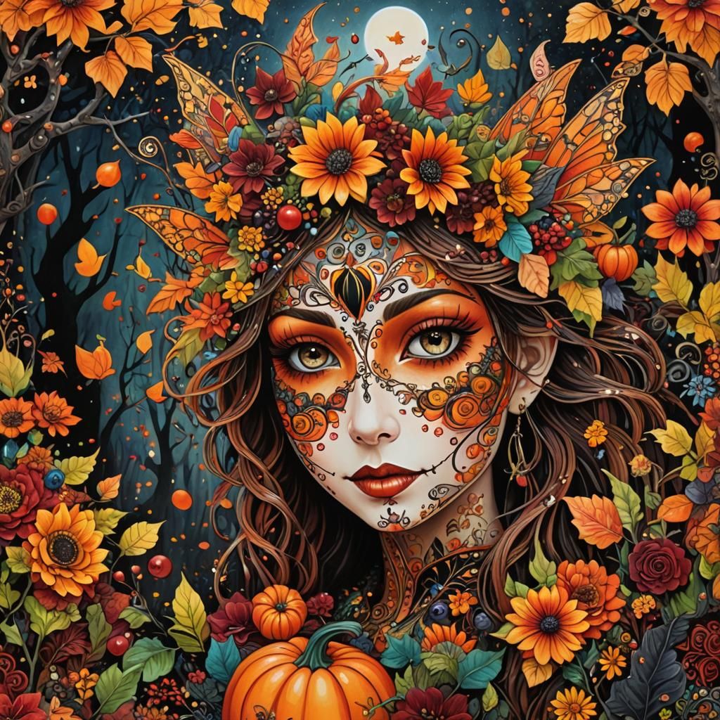 Jack o lantern headed fairy Fall  colors  mixed media painti...