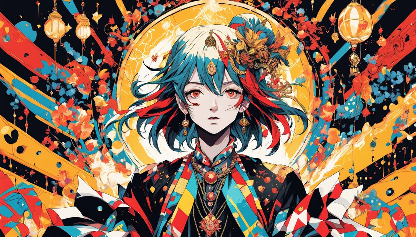 Vibrant Anime Jester in Whimsical Costumes