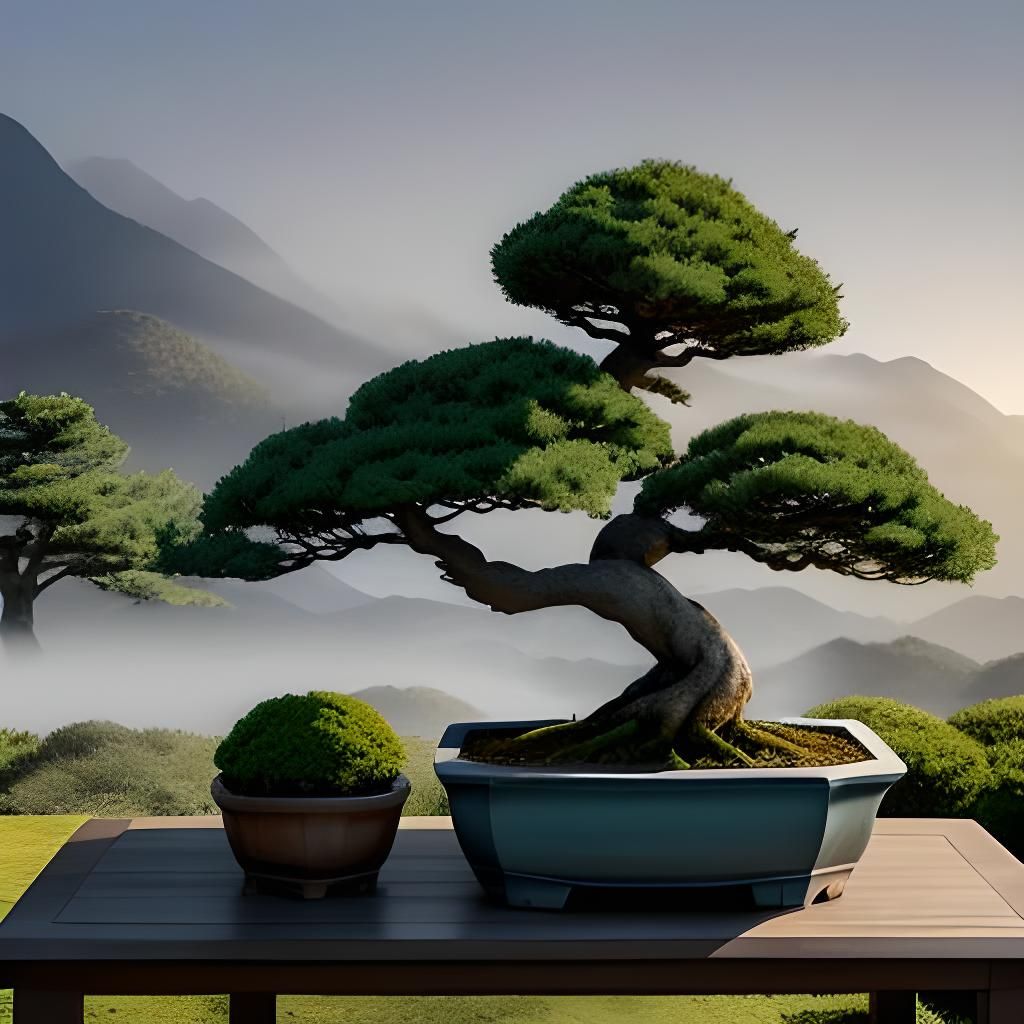 Bonsai Fir Tree in Garden with Mountain View