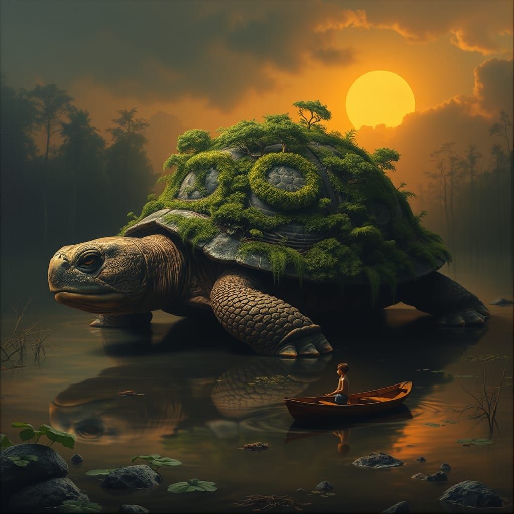 Colossal Turtle's Rainforest: a Surreal Oil Painting