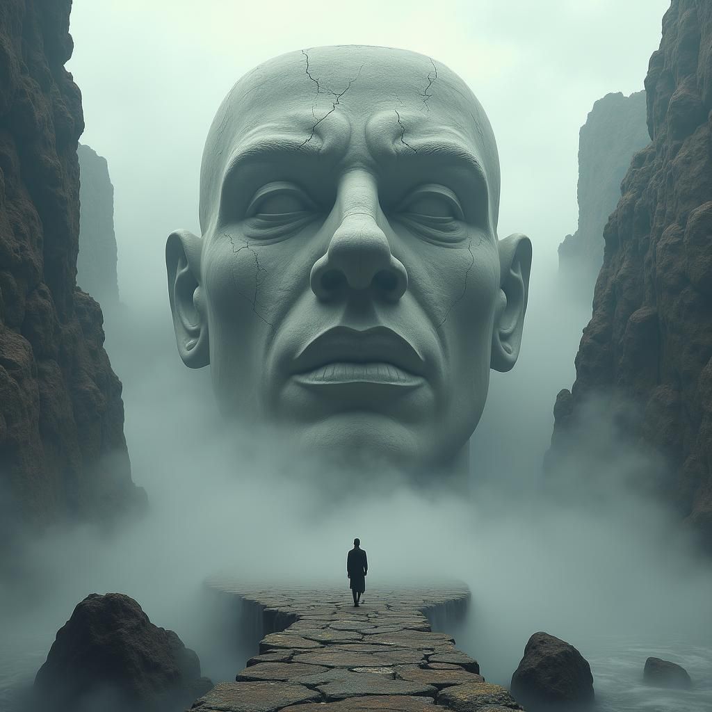 Epic Stone Head in Surreal Misty Landscape