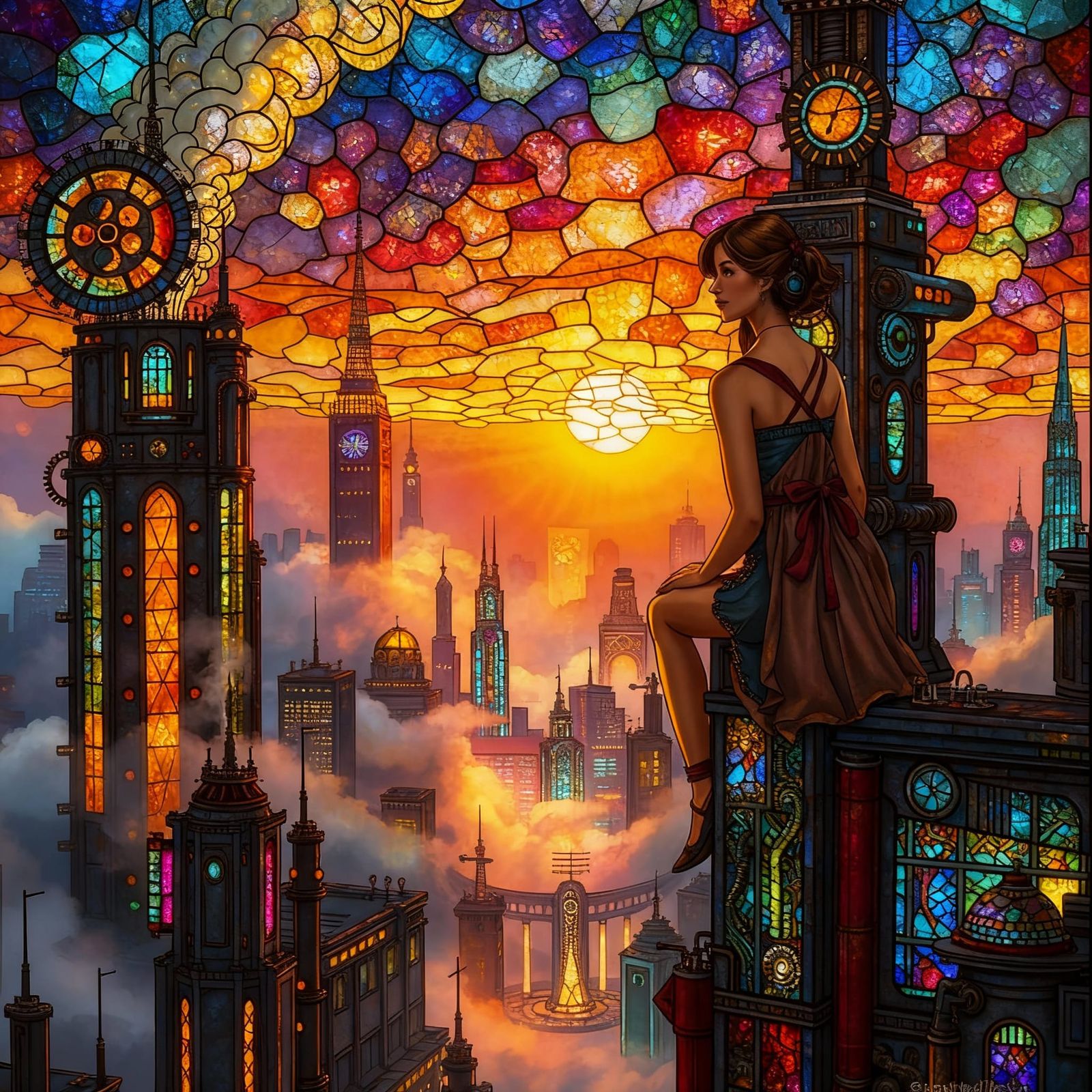 Steampunk Sci-Fi Cityscape Over Fog in Stained Glass Style