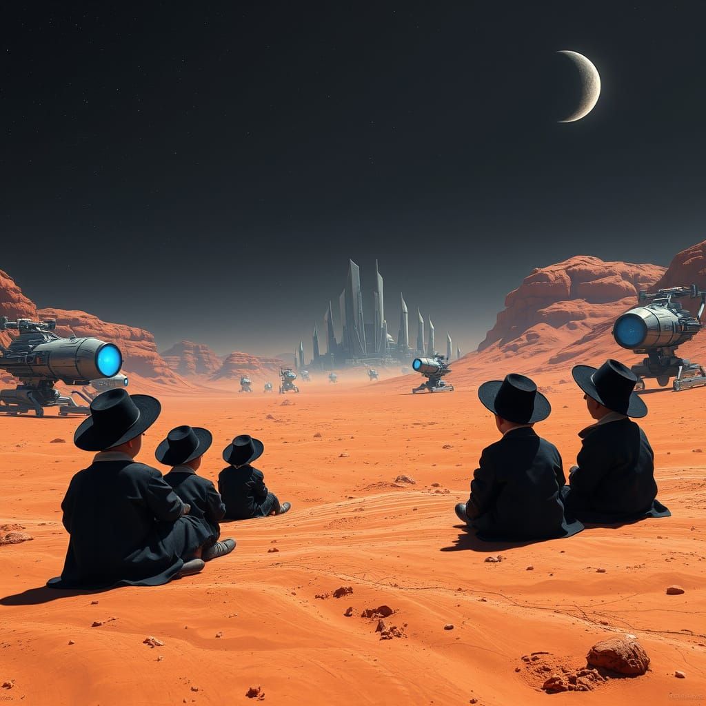 Hasidic Children on Mars Amidst Futuristic Machines