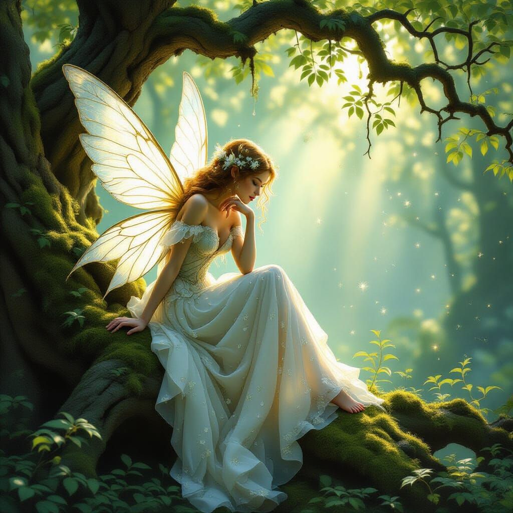 Ethereal Fairy Resting on Ancient Oak in Sun-Dappled Forest