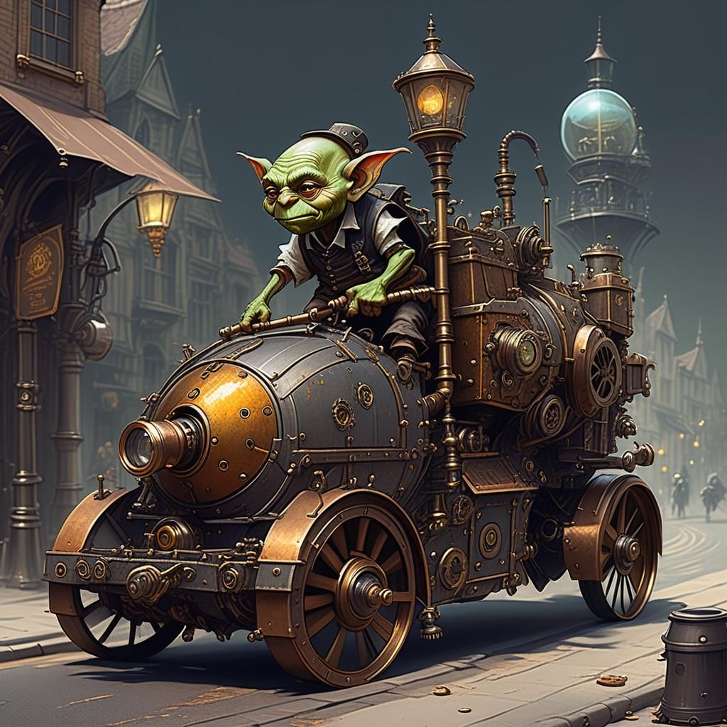 Steampunk Goblin Street Sweeper in High Fantasy Style