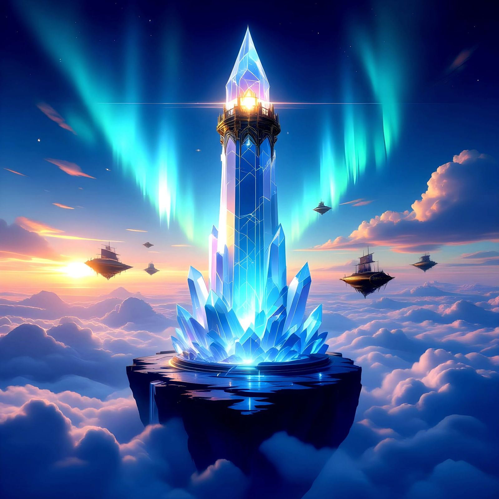 Crystalline Lighthouse on Floating Island: Digital Art