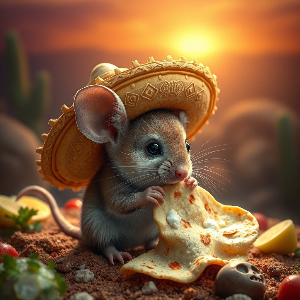 Cute Mouse in Sombrero Enjoys Tortilla at Sunrise