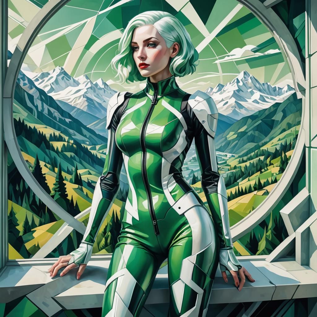Cyberpunk Girl in Alps, Cubist Art Deco Style