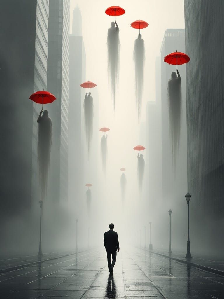 Surrealist Cityscape with Umbrellas and Ascending Figures