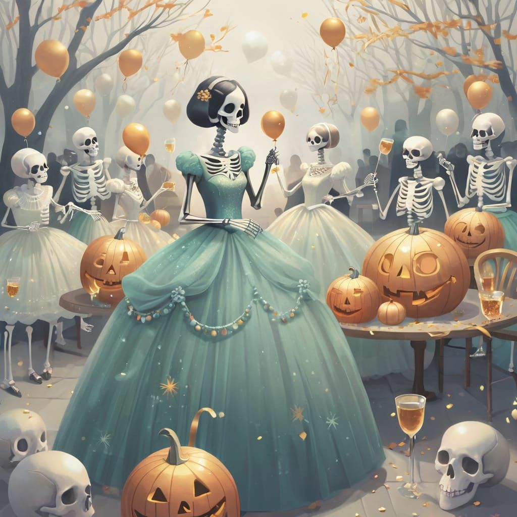 Skeletons Celebrate New Year's Eve in Gowns