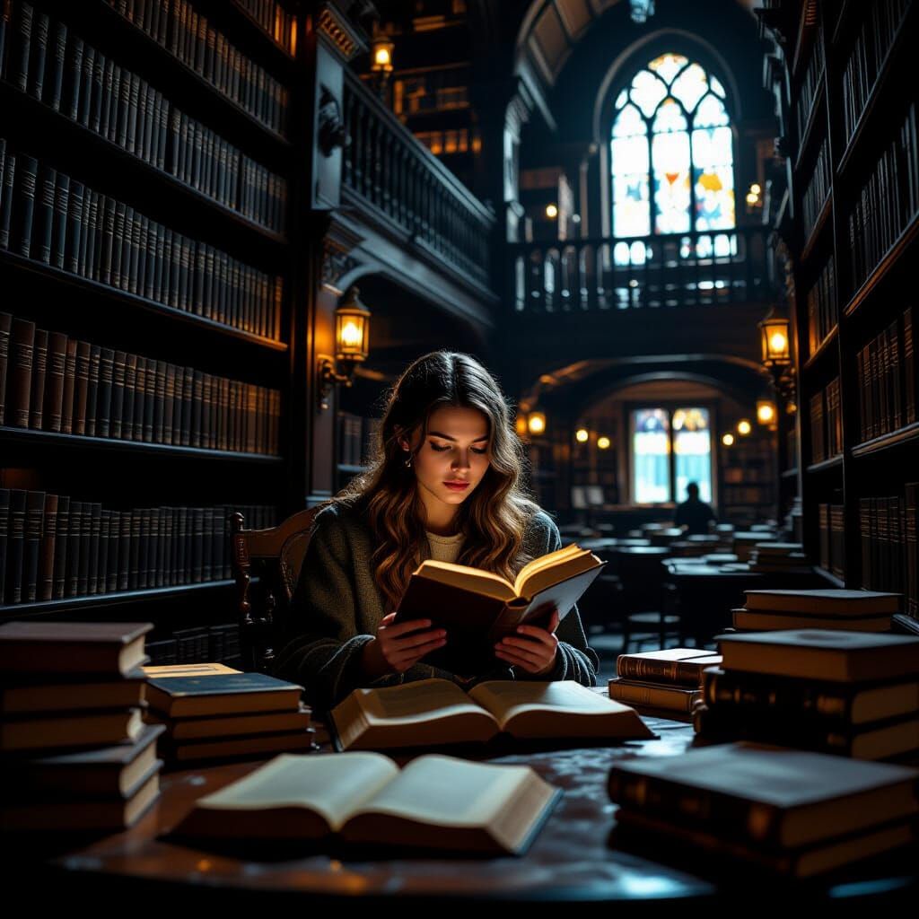 Teenager Lost in Fantasy Library: Cinematic Film Still