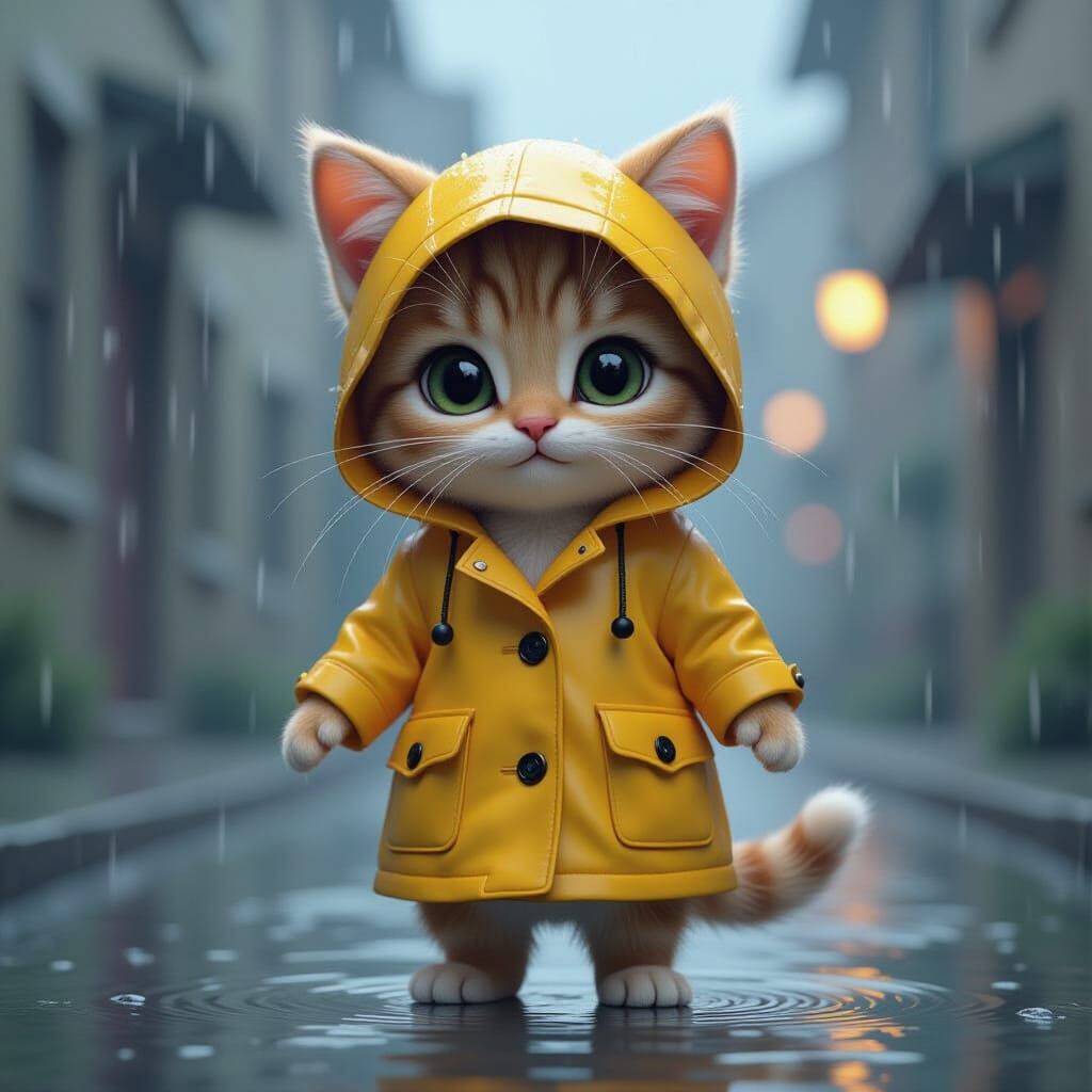 Anthropomorphic Kitten in Rain, Digital Art Style