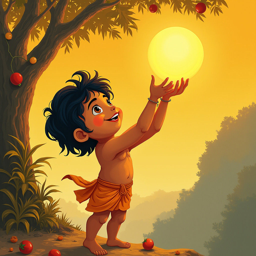 Hanuman Reaching for the Sun, in Folk Art Style