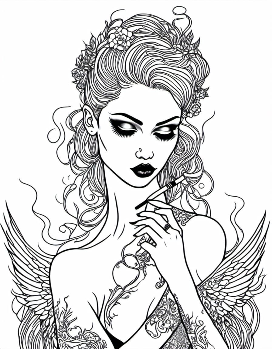 Goth Angel Coloring Book Page with Tattoos