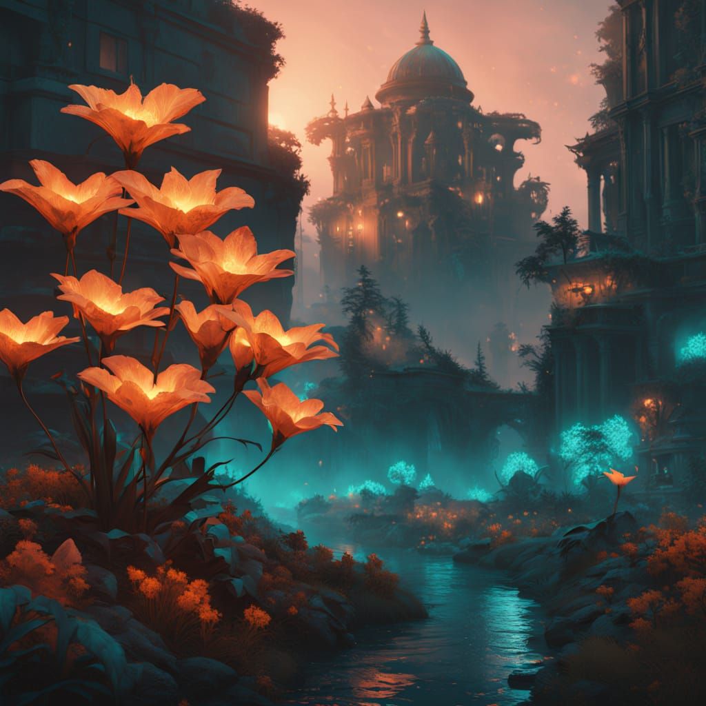 Glowing Alien Botanicals in Post-Apocalyptic Cityscape at Ni...