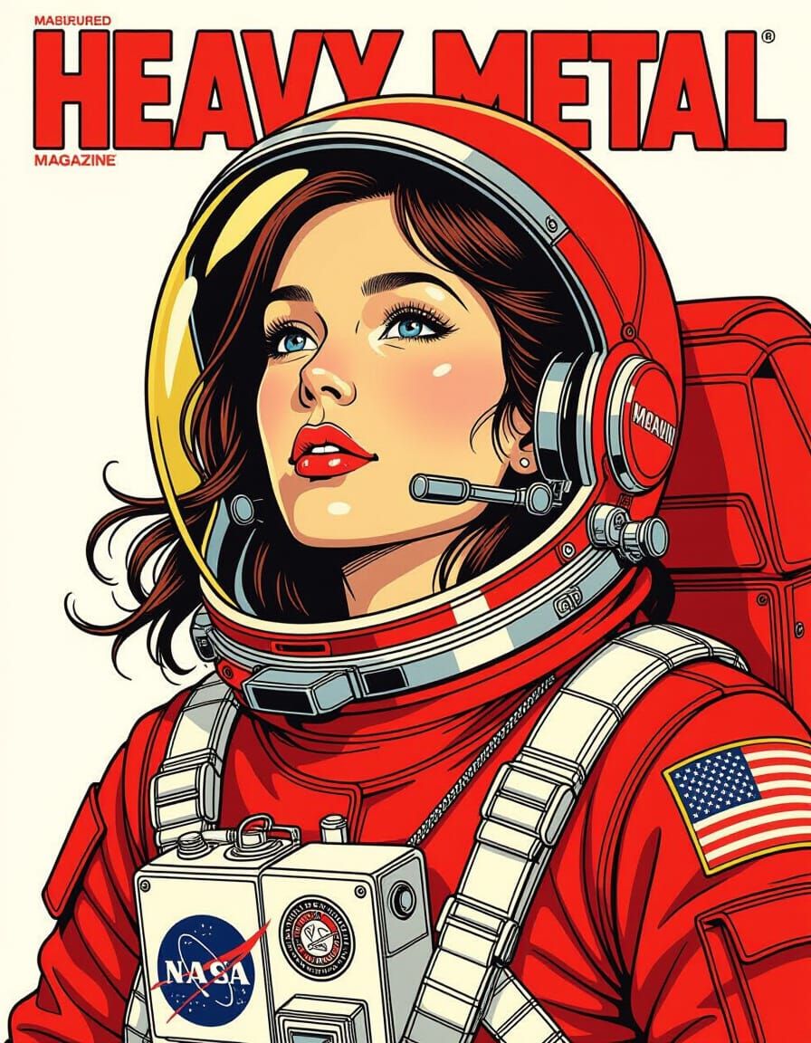 Female Astronaut Portrait in Red Suit, Moebius Comic Style