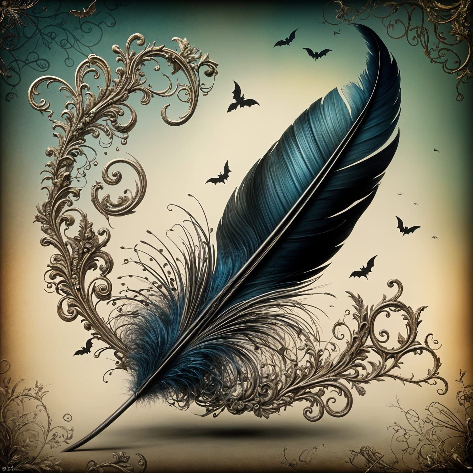 Whimsical Feather Drifting Down: Victorian Gothic 3D Render