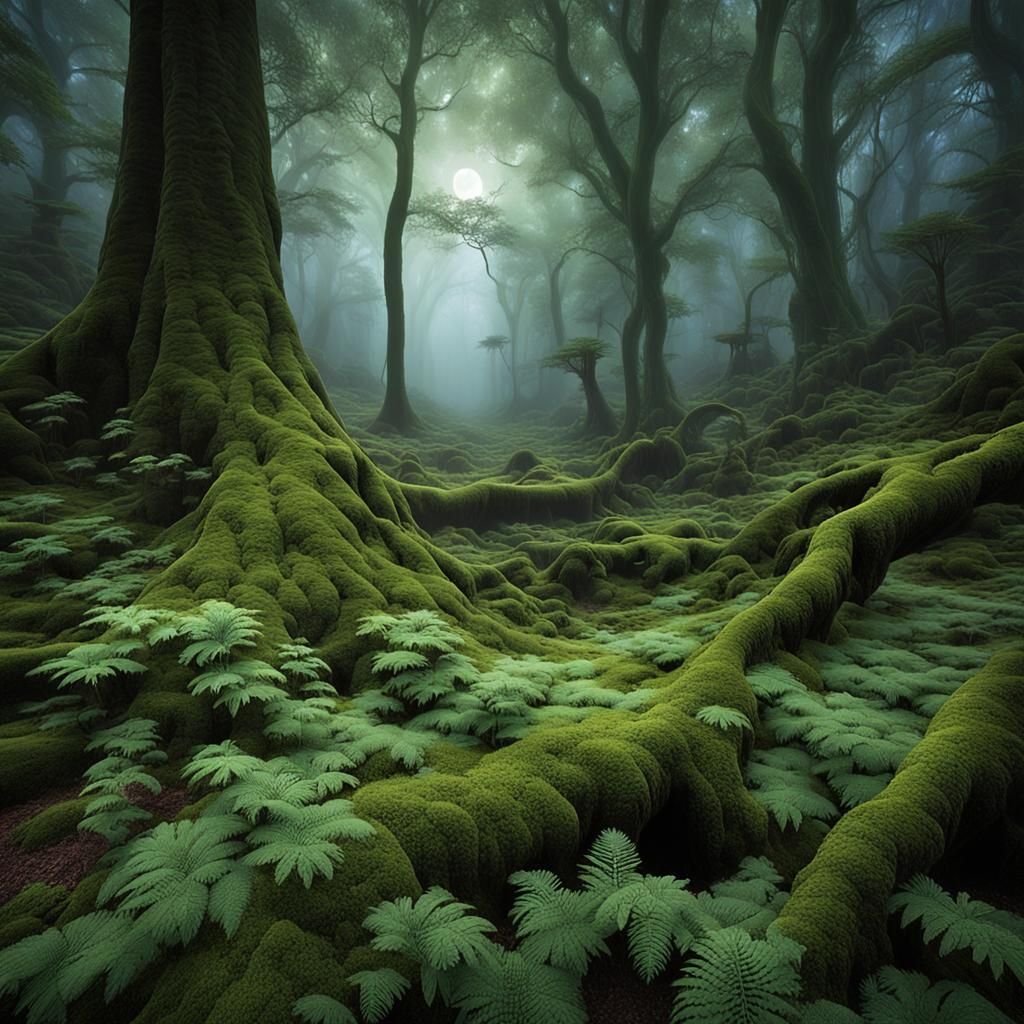 Moonlit Forest Grove with Ancient Ruins