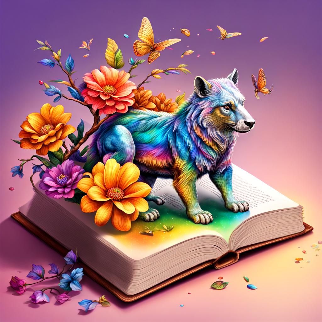 Rainbow Flowers on Branch with Magical Animals