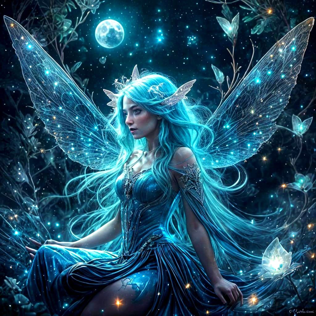 Bioluminescent Fairy Portrait in Dreamy Moonscape
