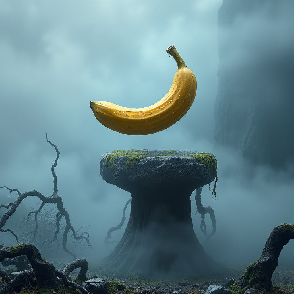 Surreal Banana on Stone Pedestal in Dreamlike Landscape