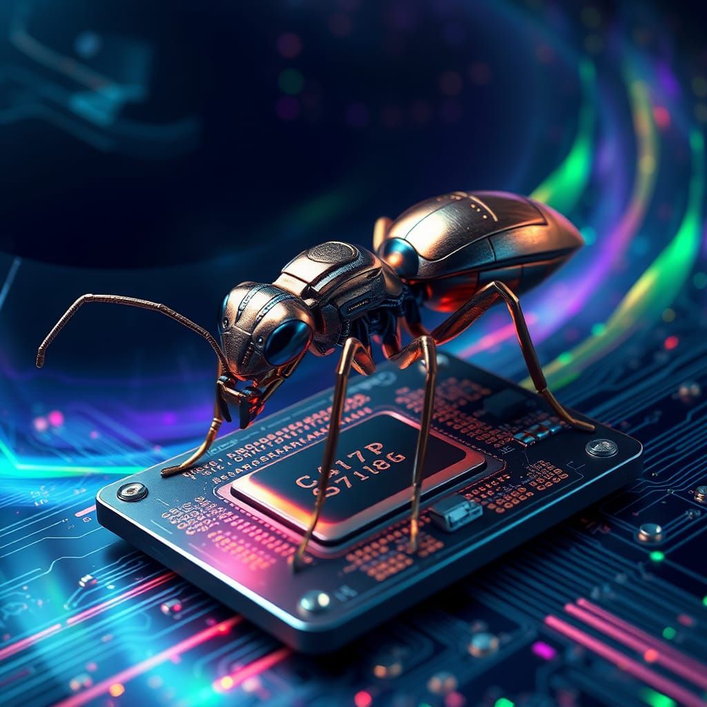 Metallic Robot Ant on Circuit Board