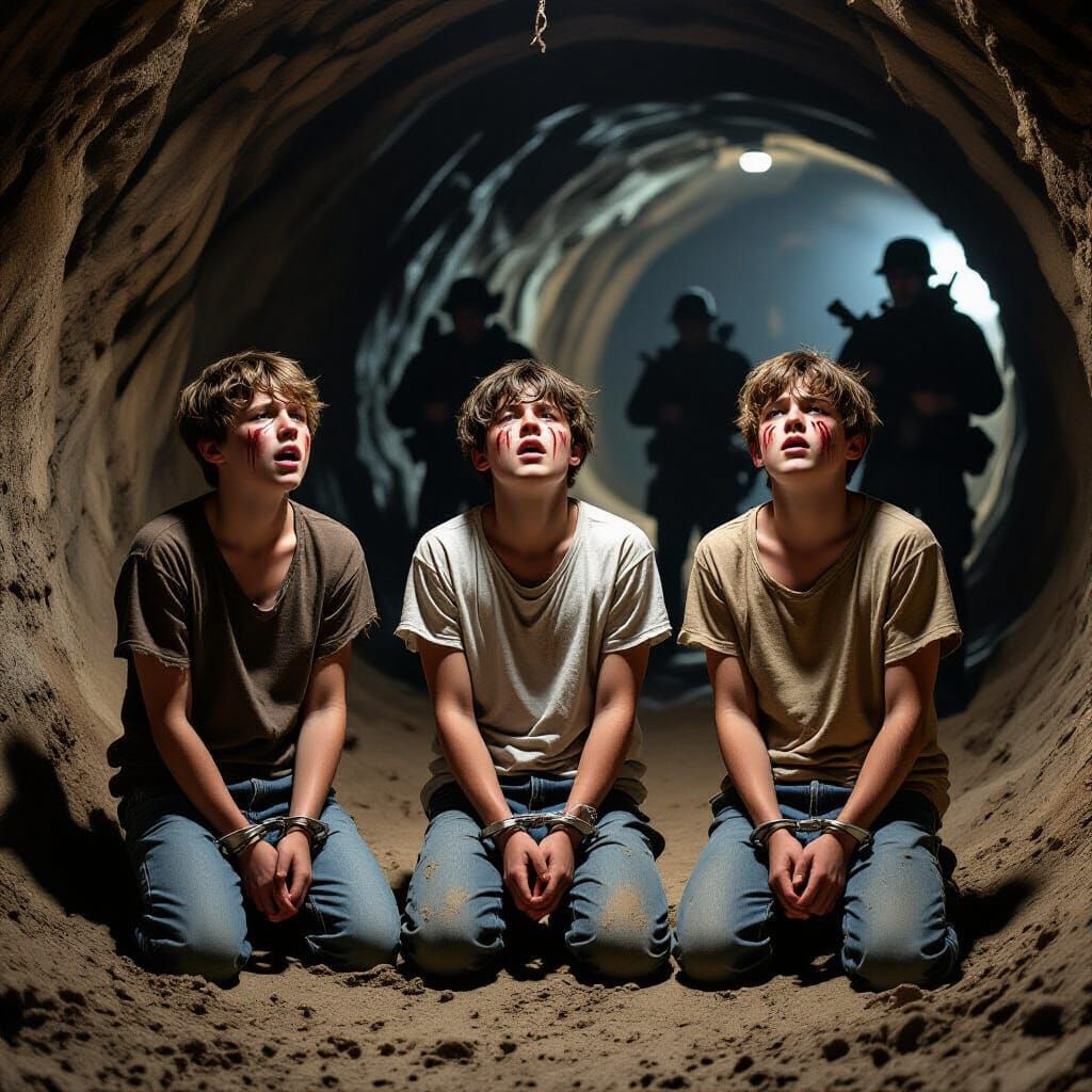 Intense Tunnel Scene with Figures in Shadow