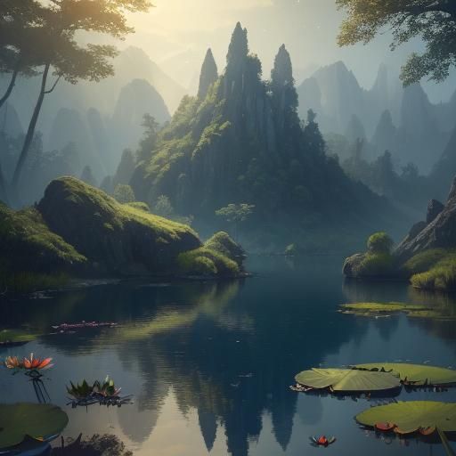 Fantasy Lake Landscape Matte Painting in Golden Light