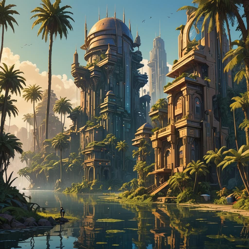 Lost City Flourishes on Lake Shore in Golden Light