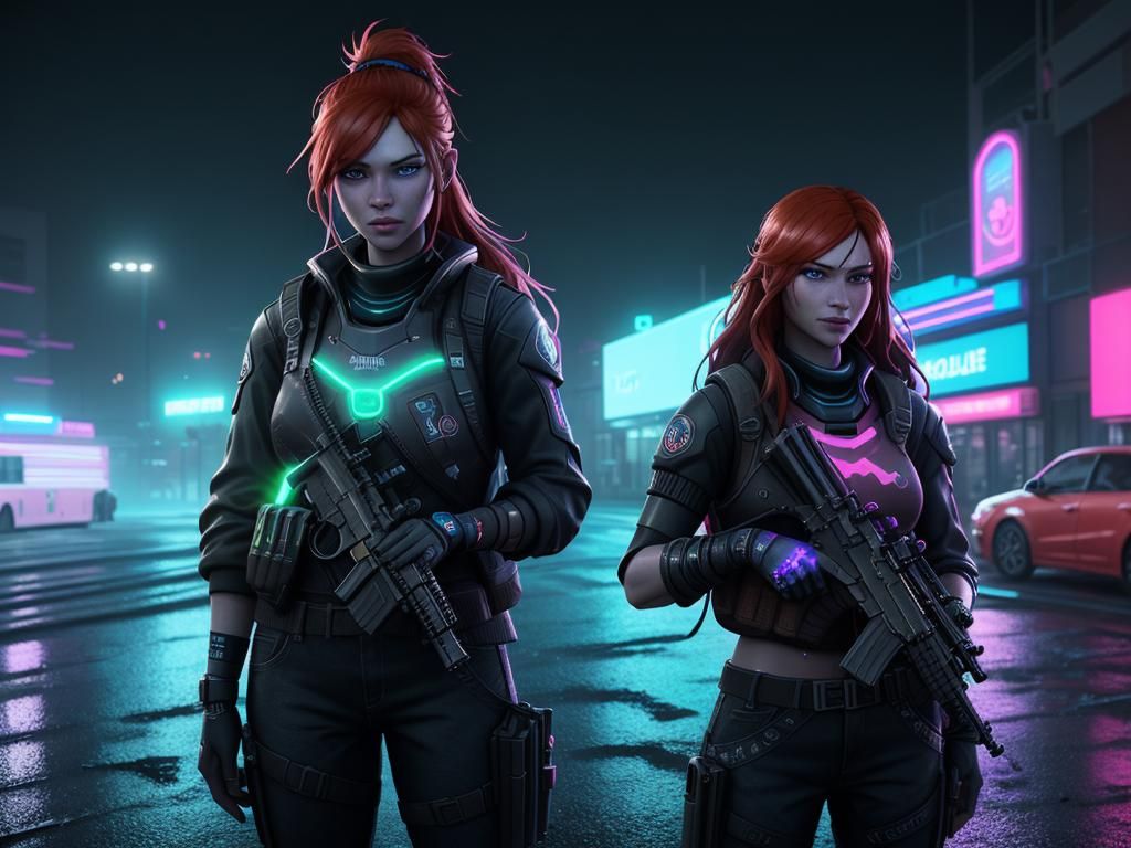 Redhead with AK-47 in Neon City, Digital Art