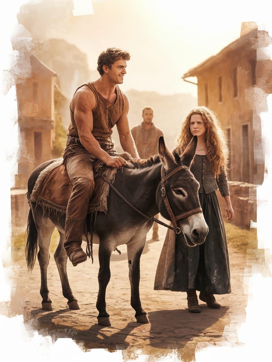 Strong Young Man on Donkey in Quaint Village