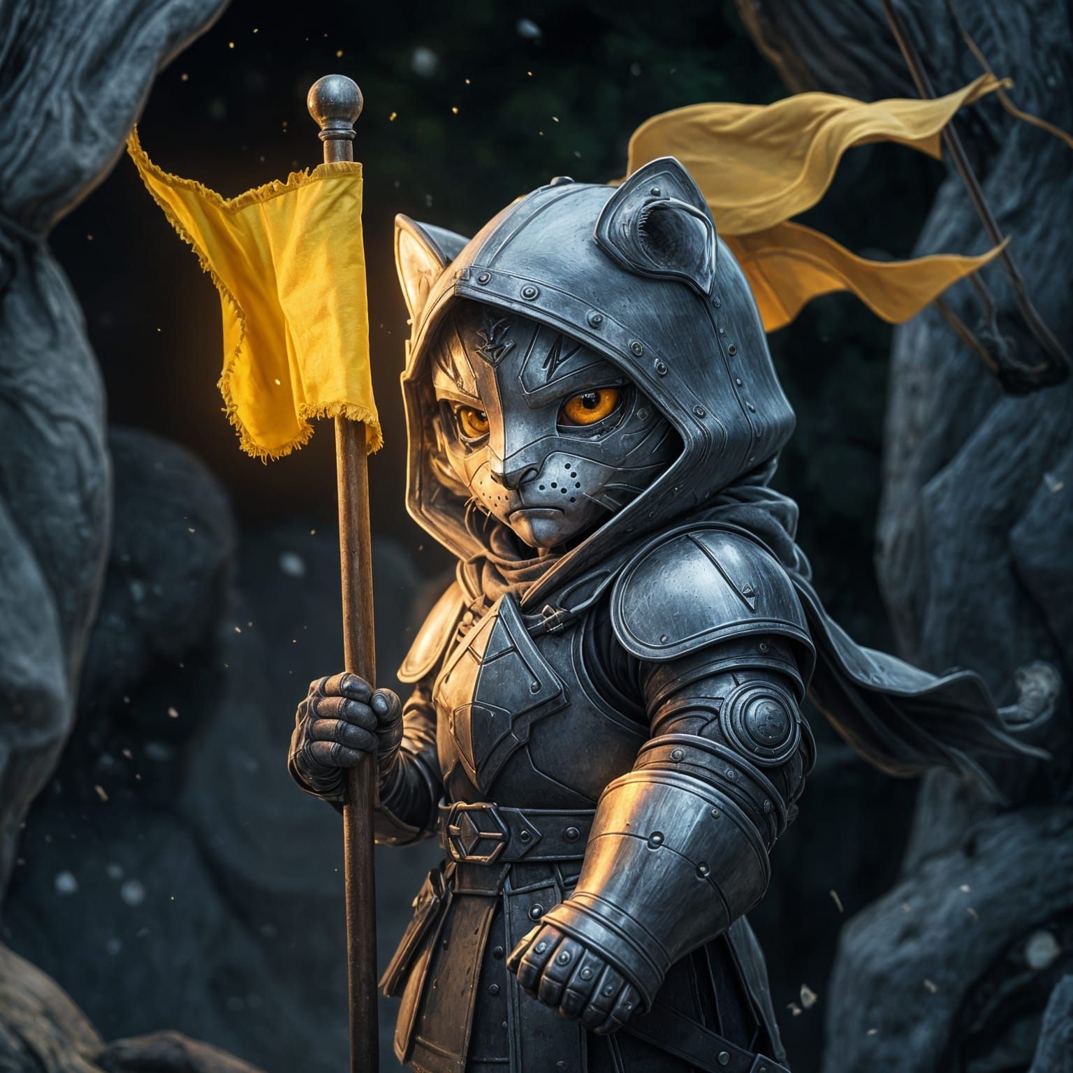 Cute Gray Tiger Knight in Plate Armor Radiates Healing Light