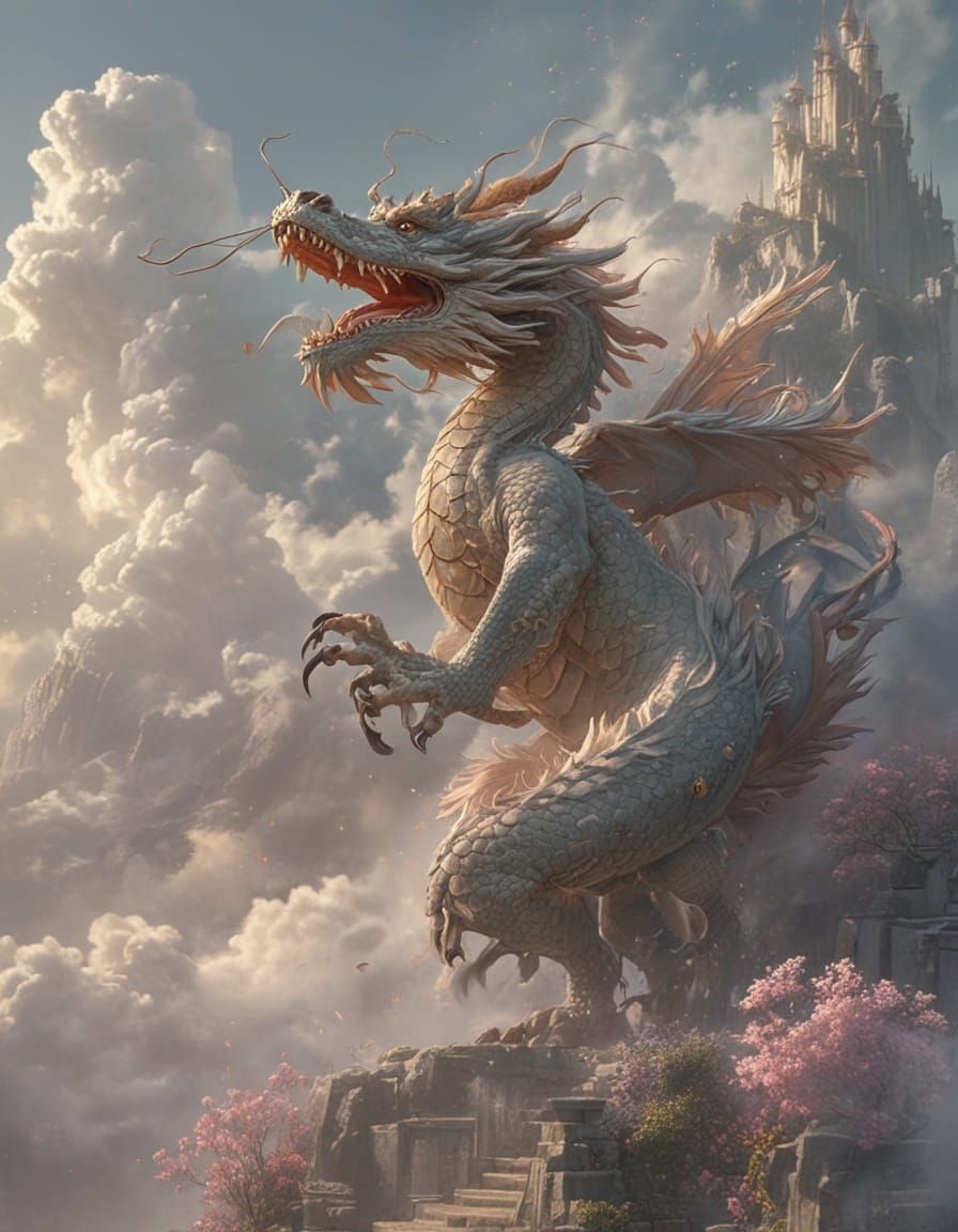 Majestic White Dragon in Ethereal Fantasy Scene