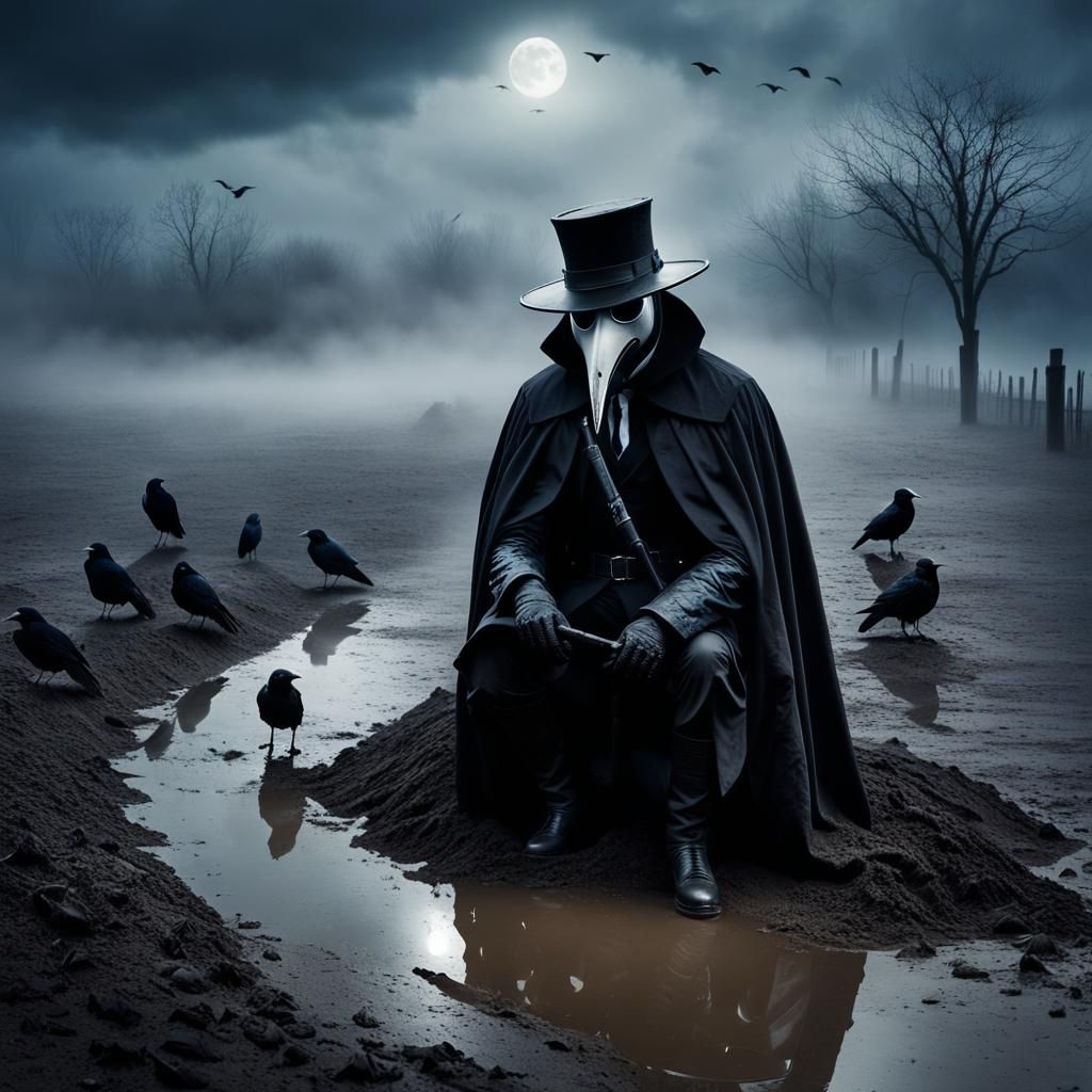 Sinister Plague Doctor Mask in Gloomy Landscape