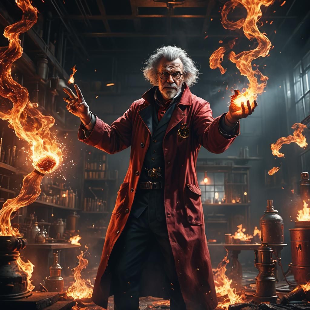 Mad Scientist Playing with Fire, Detailed Digital Art