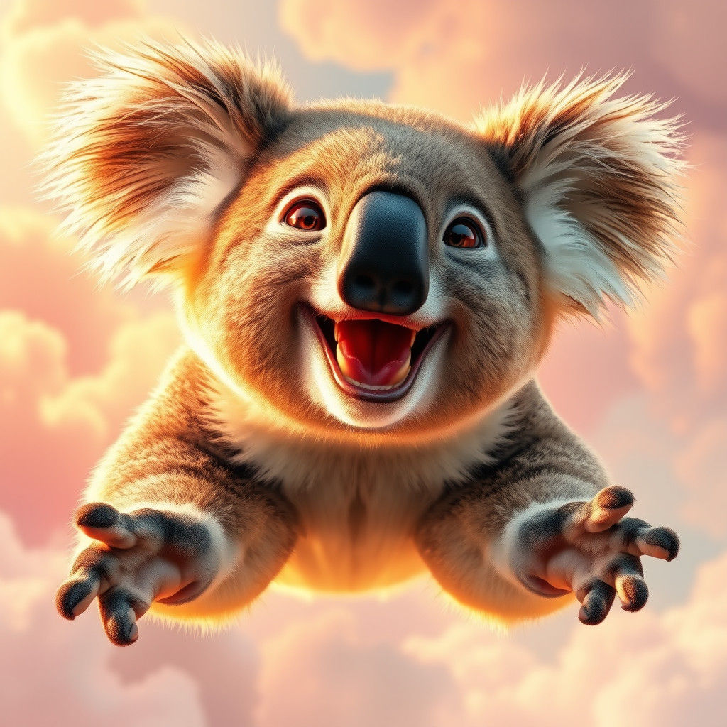 Euphoric Koala with Bouncy Expression in Hyperrealism