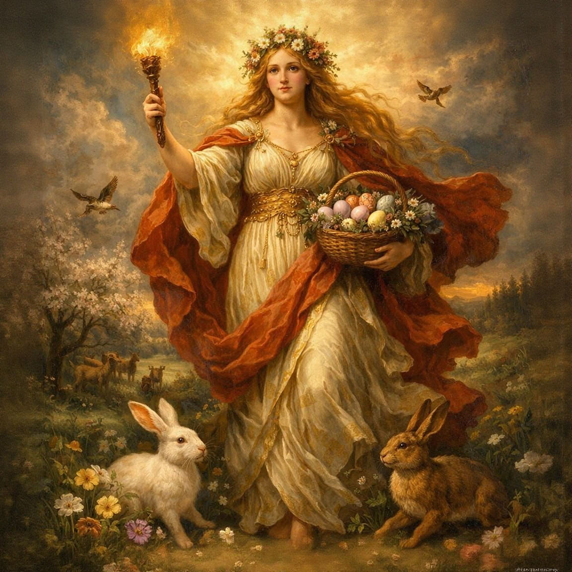 Germanic Goddess Eostre: A Detailed Dramatic Painting