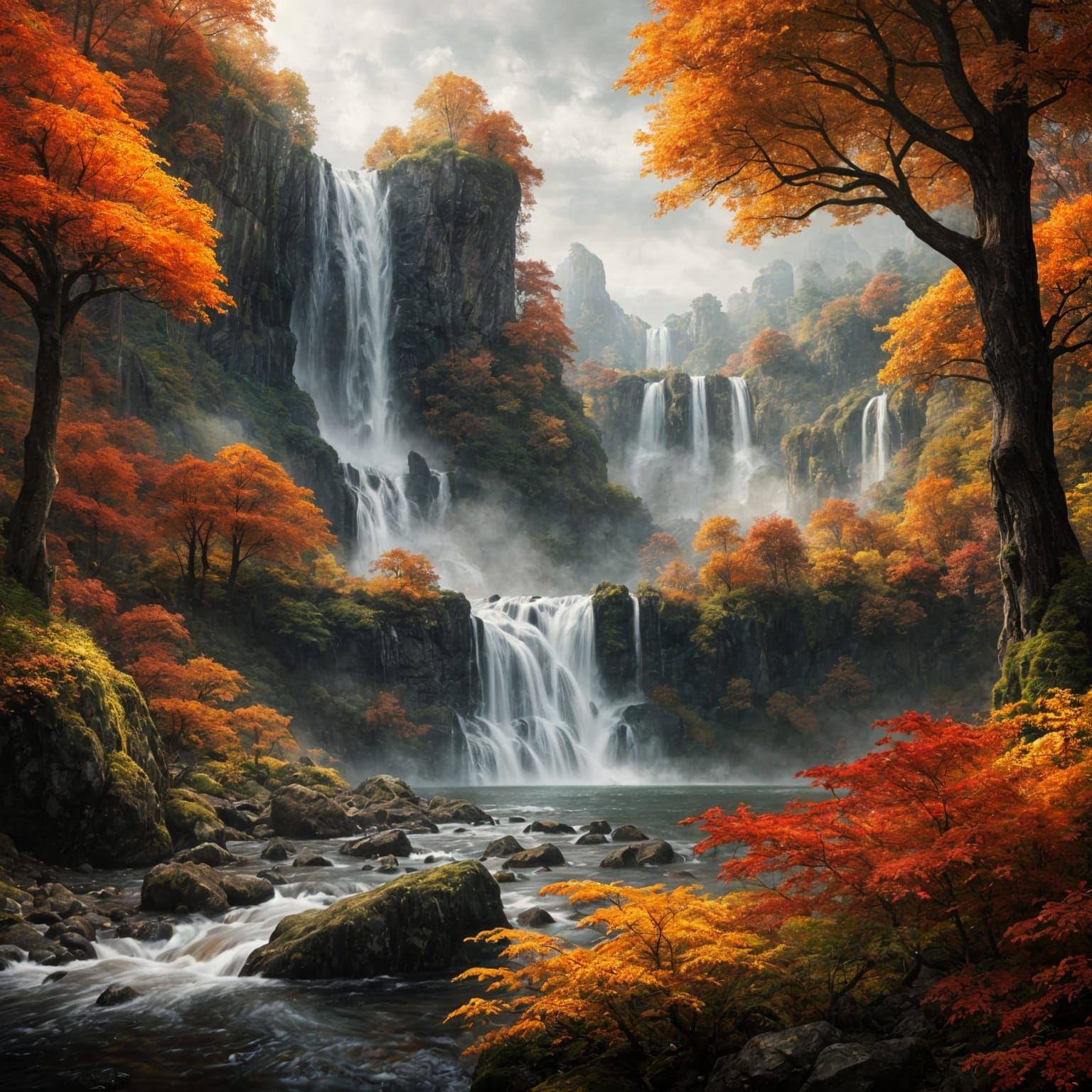 Magical Autumn Waterfall Concept Art in Warm Tones