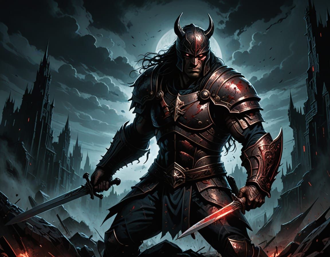 Grim Dark Fantasy Warrior Under Full Moon in Battleyard