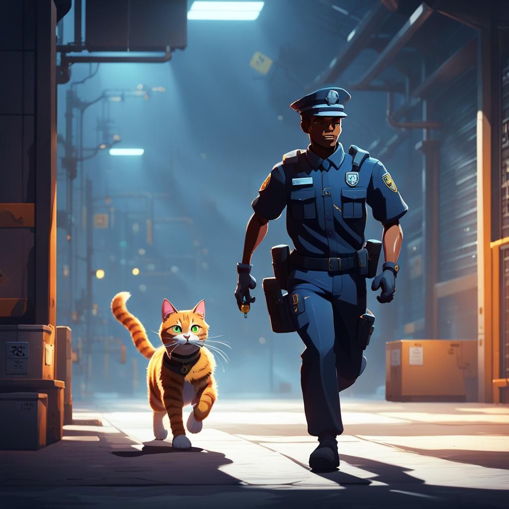 Cartoon Security Guard Chasing Cat in Anime Style