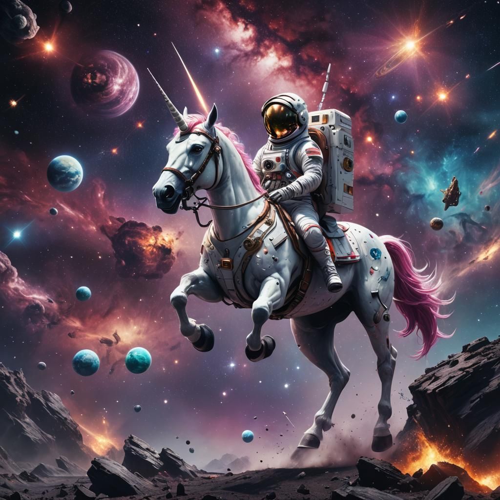 Unicorn Astronaut in Galaxy, Detailed Fantasy Art