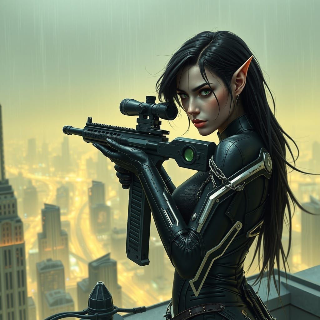Cyberpunk Elf Sniper Stands Watch Over Dystopian Metropolis