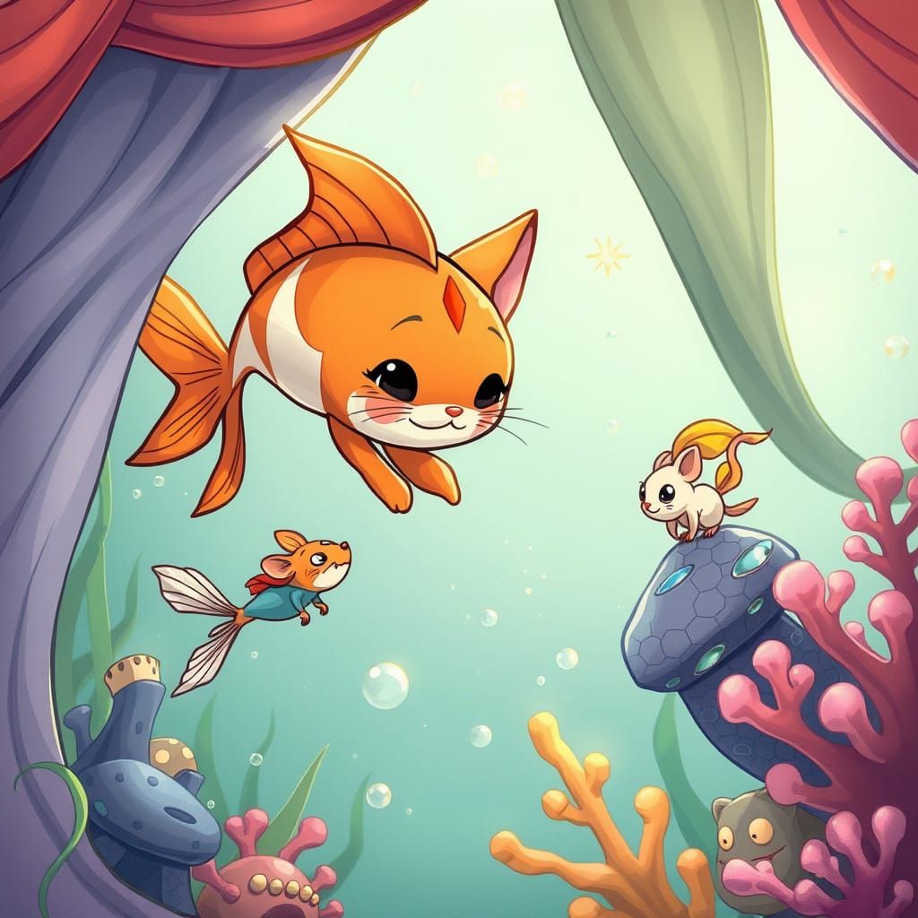 chibi cartoon adventure fisj cat hunted fish mouse in A scen...