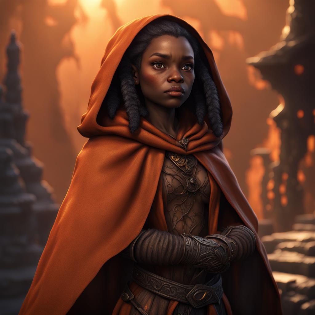 Fantastical Black Halfling in Orange Cloak