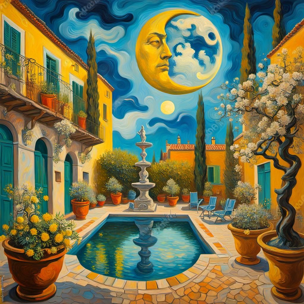 Surreal Italian Courtyard with Van Gogh Moon